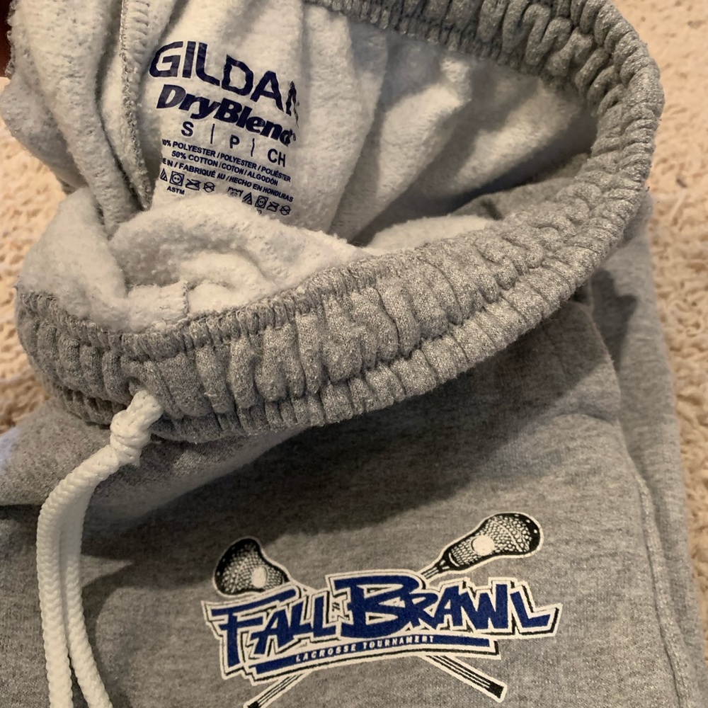Men’s Sweatpants, Size Small. Grey, straight leg, drawstring, lacrosse theme.